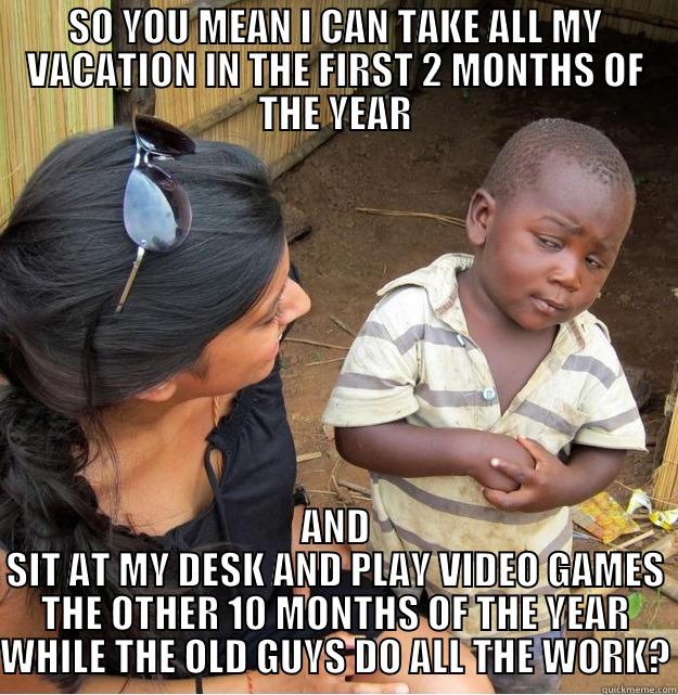 LAZY CO WORKER - SO YOU MEAN I CAN TAKE ALL MY VACATION IN THE FIRST 2 MONTHS OF THE YEAR AND SIT AT MY DESK AND PLAY VIDEO GAMES THE OTHER 10 MONTHS OF THE YEAR WHILE THE OLD GUYS DO ALL THE WORK? Skeptical Third World Kid