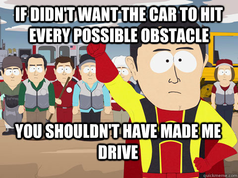 If didn't want the car to hit every possible obstacle you shouldn't have made me drive  Captain Hindsight
