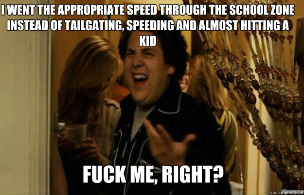 I went the appropriate speed through the school zone instead of tailgating, speeding and almost hitting a kid FUCK ME, RIGHT?  fuck me right