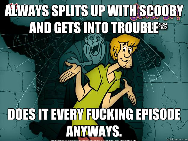 Always splits up with scooby and gets into trouble does it every fucking episode anyways. - Always splits up with scooby and gets into trouble does it every fucking episode anyways.  Irrational Shaggy