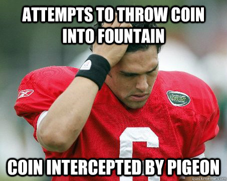 attempts to throw coin into fountain coin intercepted by pigeon  Off The Mark Sanchez