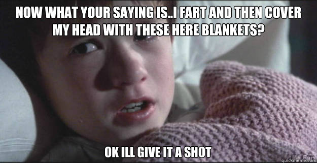 NOW WHAT YOUR SAYING IS..I FART AND THEN COVER MY HEAD WITH THESE HERE BLANKETS? OK ILL GIVE IT A SHOT  See Dead People