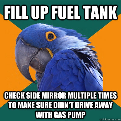 Fill up fuel tank Check side mirror multiple times to make sure didn't drive away with gas pump  Paranoid Parrot