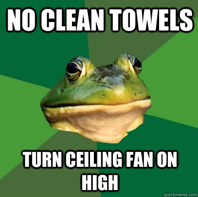 No clean towels Turn ceiling fan on High  Foul Bachelor Frog