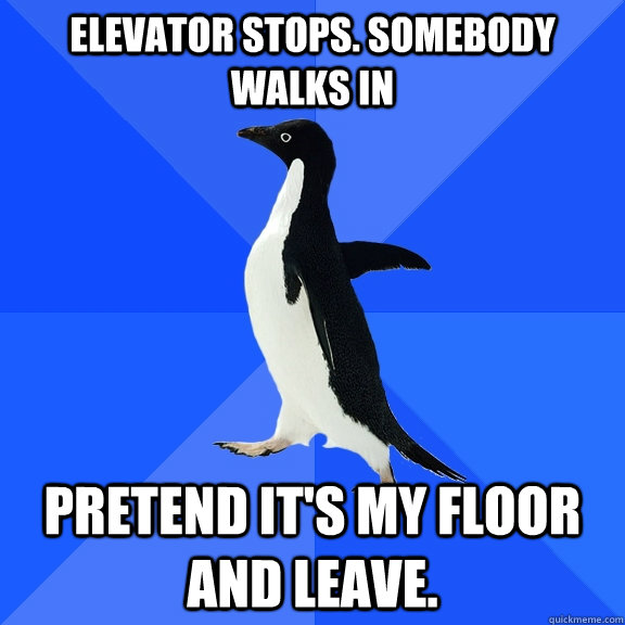 Elevator stops. Somebody walks in Pretend it's my floor and leave.  Socially Awkward Penguin