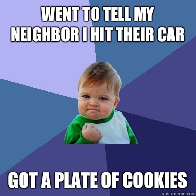 Went to tell my neighbor I hit their car Got a plate of cookies  Success Kid