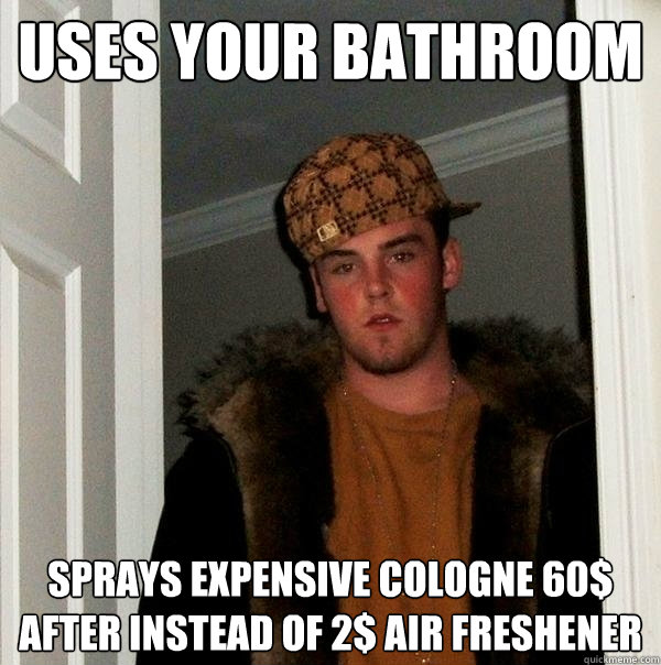 uses your bathroom sprays expensive cologne 60$ after instead of 2$ air freshener    Scumbag Steve