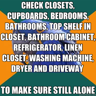 CHECK CLOSETS, CUPBOARDS, BEDROOMS, BATHROOMS, TOP SHELF IN CLOSET, BATHROOM CABINET, REFRIGERATOR, LINEN CLOSET, WASHING MACHINE, DRYER AND DRIVEWAY  TO MAKE SURE STILL ALONE  Paranoid Parrot