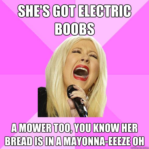 SHE'S GOT ELectric boobs A mower too, you know her bread is in a mayonna-eeeze oh  Wrong Lyrics Christina