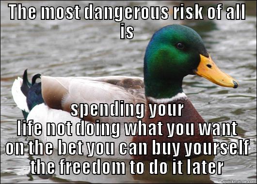 THE MOST DANGEROUS RISK OF ALL IS SPENDING YOUR LIFE NOT DOING WHAT YOU WANT ON THE BET YOU CAN BUY YOURSELF THE FREEDOM TO DO IT LATER Actual Advice Mallard