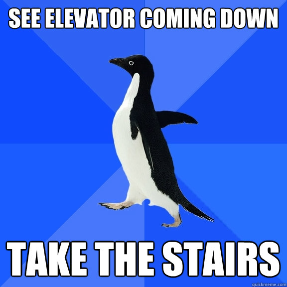 See elevator coming down Take the stairs  Socially Awkward Penguin