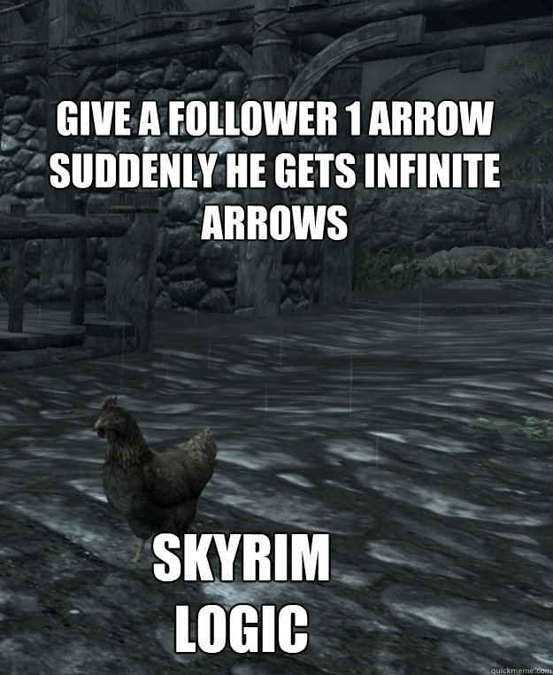 Give a follower 1 arrow suddenly he gets infinite arrows

  Skyrim logic  Skyrim Logic