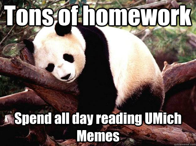 Tons of homework Spend all day reading UMich Memes  Procrastination Panda