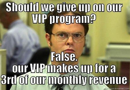 SHOULD WE GIVE UP ON OUR VIP PROGRAM? FALSE. OUR VIP MAKES UP FOR A 3RD OF OUR MONTHLY REVENUE Dwight