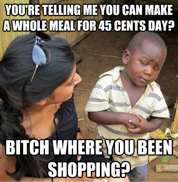 You're telling me you can make a whole meal for 45 cents day? Bitch where you been shopping?  Skeptical Third World Kid