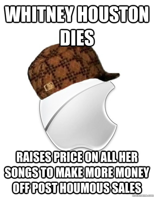 Whitney Houston Dies Raises price on all her songs to make more money off post houmous sales   Scumbag Apple