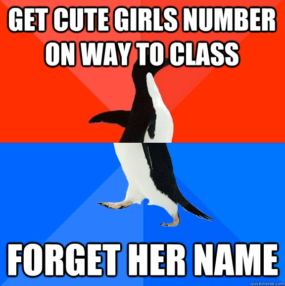 Get cute girls number on way to class forget her name  Socially Awesome Awkward Penguin