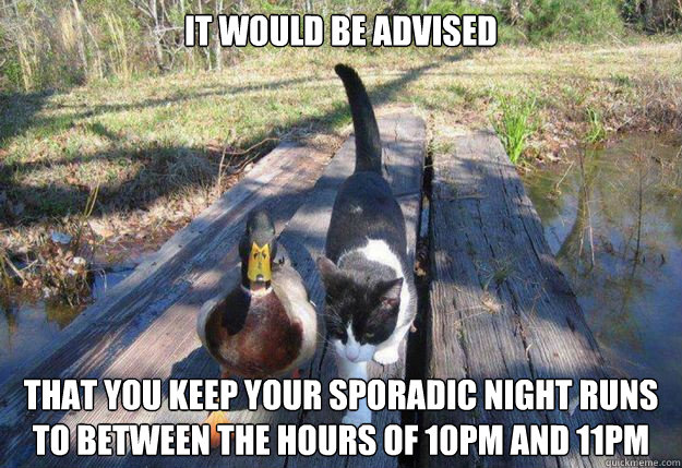 It would be advised that you keep your sporadic night runs to between the hours of 10pm and 11pm - It would be advised that you keep your sporadic night runs to between the hours of 10pm and 11pm  Boat advice