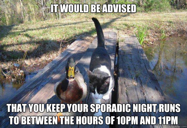 It would be advised that you keep your sporadic night runs to between the hours of 10pm and 11pm  Boat advice