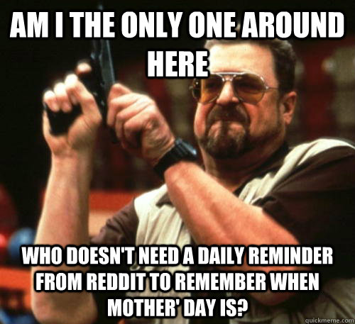 Am i the only one around here who doesn't need a daily reminder from Reddit to remember when Mother' Day is?  Am I The Only One Around Here