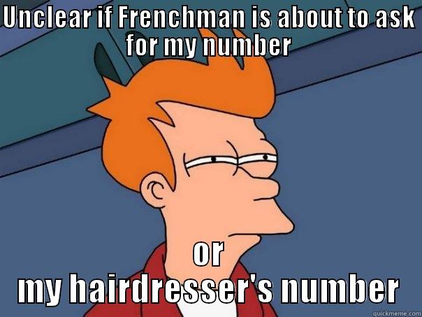 UNCLEAR IF FRENCHMAN IS ABOUT TO ASK FOR MY NUMBER OR MY HAIRDRESSER'S NUMBER Futurama Fry
