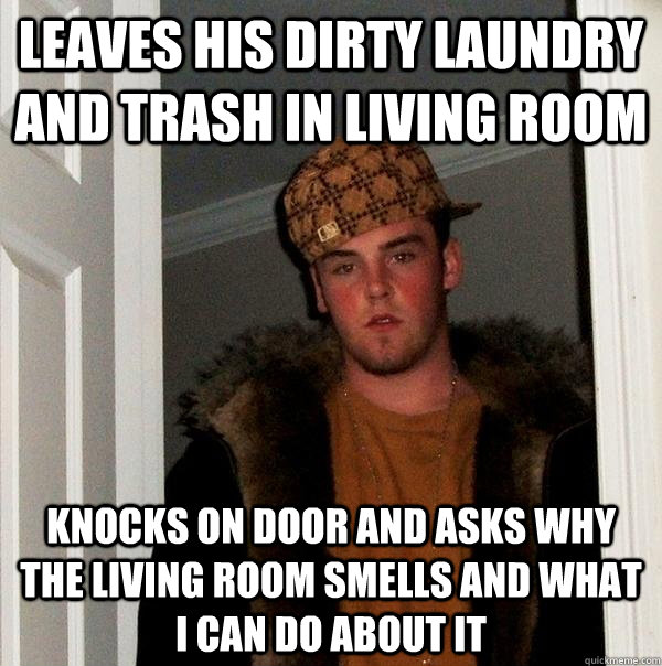 Leaves his dirty laundry and trash in living room Knocks on door and asks why the living room smells and what I can do about it - Leaves his dirty laundry and trash in living room Knocks on door and asks why the living room smells and what I can do about it  Scumbag Steve