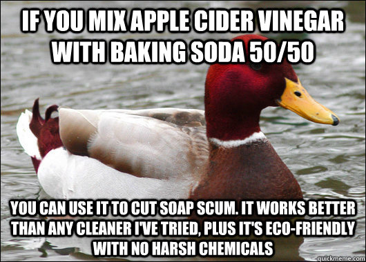 if you mix apple cider vinegar with baking soda 50/50 you can use it to cut soap scum. it works better than any cleaner i've tried, plus it's eco-friendly with no harsh chemicals  Malicious Advice Mallard