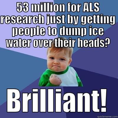 53 MILLION FOR ALS RESEARCH JUST BY GETTING PEOPLE TO DUMP ICE WATER OVER THEIR HEADS? BRILLIANT! Success Kid