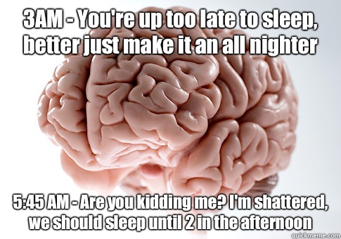 3AM - You're up too late to sleep, better just make it an all nighter 5:45 AM - Are you kidding me? I'm shattered, we should sleep until 2 in the afternoon - 3AM - You're up too late to sleep, better just make it an all nighter 5:45 AM - Are you kidding me? I'm shattered, we should sleep until 2 in the afternoon  Scumbag Brain