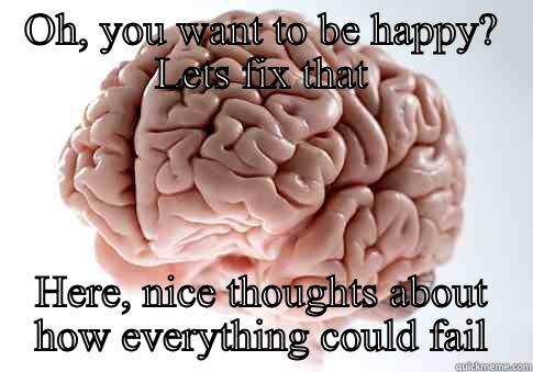 OH, YOU WANT TO BE HAPPY? LETS FIX THAT HERE, NICE THOUGHTS ABOUT HOW EVERYTHING COULD FAIL Scumbag Brain