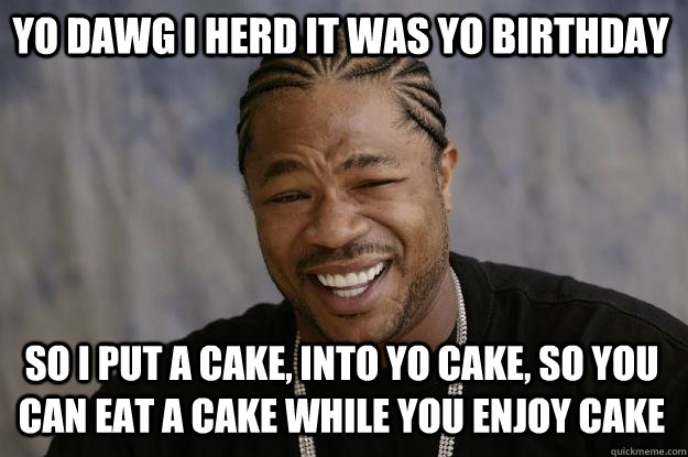 yo dawg i herd it was yo birthday so i put a cake, into yo cake, so you can eat a cake while you enjoy cake  Xzibit meme
