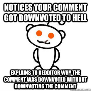 Notices your comment got downvoted to hell explains to redditor why the comment was downvoted without downvoting the comment  Good Guy Redditor