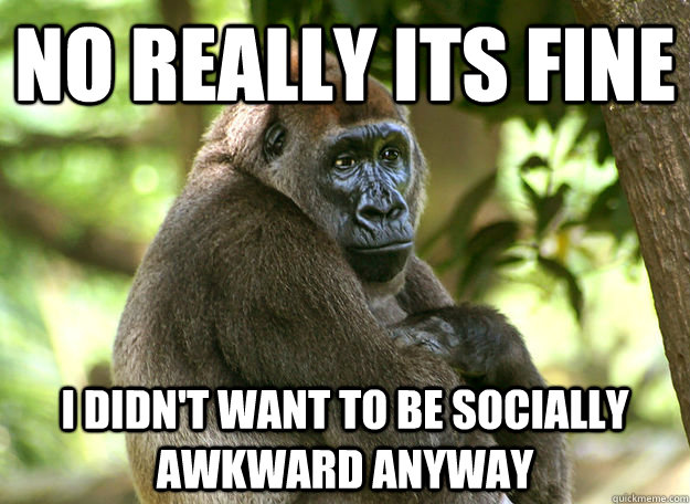 no really its fine I didn't want to be socially awkward anyway - no really its fine I didn't want to be socially awkward anyway  Passive Aggressive Gorilla