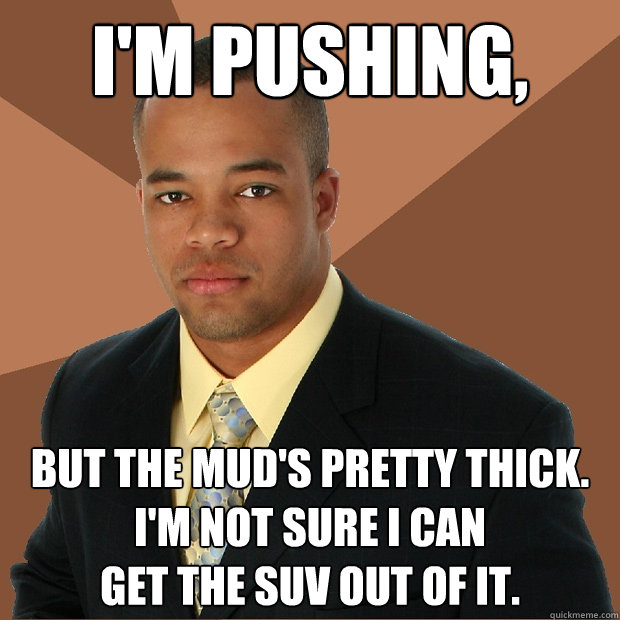 I'm pushing, but the mud's pretty thick. I'm not sure I can
get the SUV out of it.  Successful Black Man