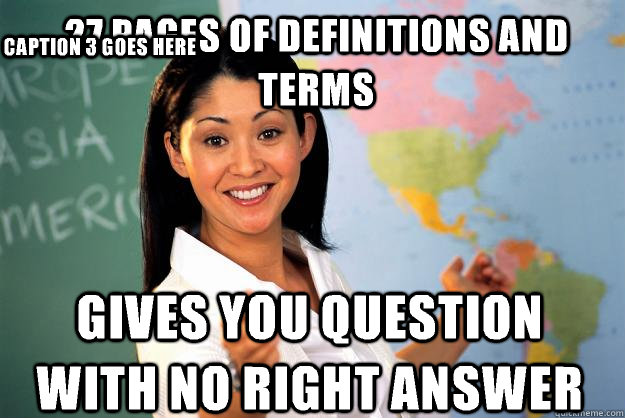 27 pages of definitions and terms Gives you question with no right answer  Caption 3 goes here  Unhelpful High School Teacher