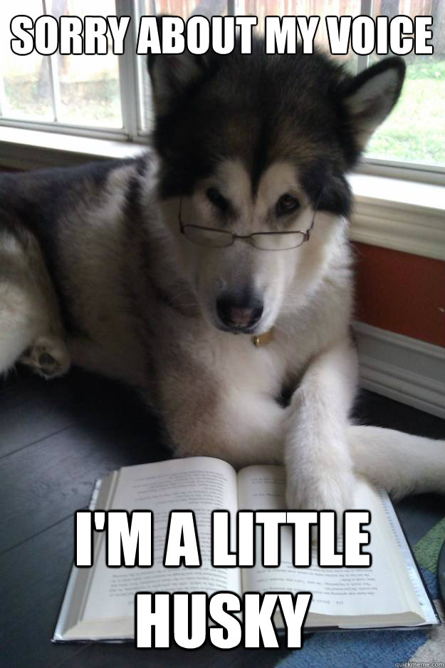 Sorry about my voice
   I'm a little husky  Condescending Literary Pun Dog