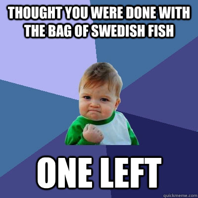 Thought you were done with the bag of swedish fish One left  Success Kid