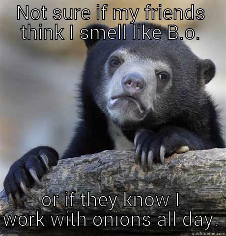 onion hands - NOT SURE IF MY FRIENDS THINK I SMELL LIKE B.O. OR IF THEY KNOW I WORK WITH ONIONS ALL DAY. Confession Bear