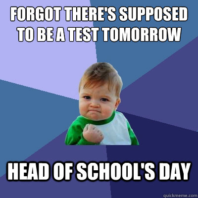 Forgot there's supposed to be a test tomorrow Head of School's Day  Success Kid