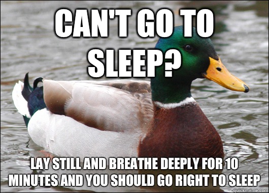 Can't go to sleep? Lay still and breathe deeply for 10 minutes and you should go right to sleep  Actual Advice Mallard
