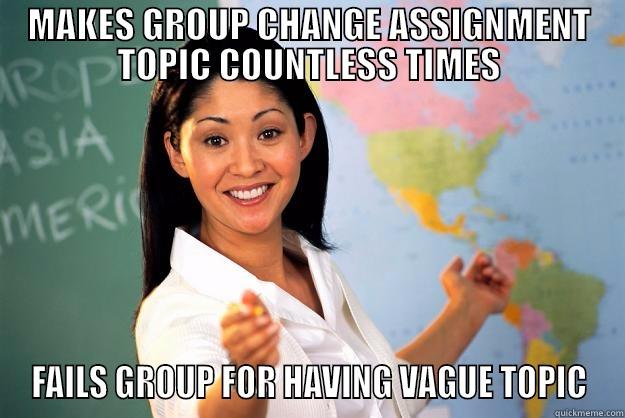 Group Presentation - MAKES GROUP CHANGE ASSIGNMENT TOPIC COUNTLESS TIMES FAILS GROUP FOR HAVING VAGUE TOPIC Unhelpful High School Teacher