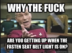 why the fuck are you getting up when the fasten seat belt light is on?  Annoyed Picard