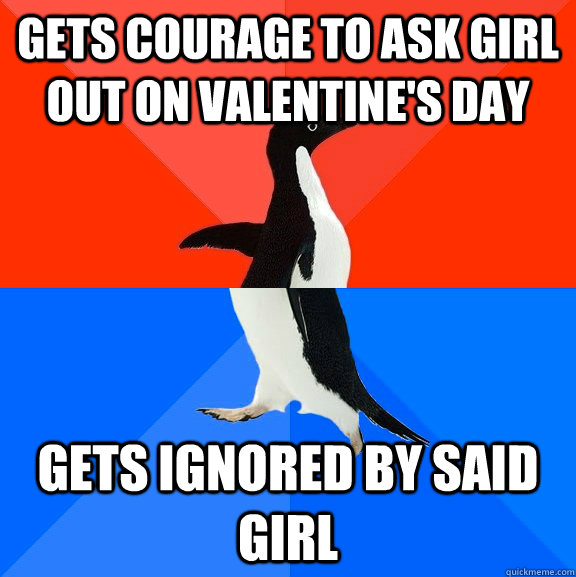 Gets courage to ask girl out on Valentine's day Gets ignored by said girl  Socially Awesome Awkward Penguin