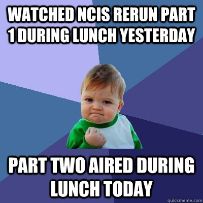 Watched NCIS rerun part 1 during lunch yesterday Part two aired during lunch today  Success Kid