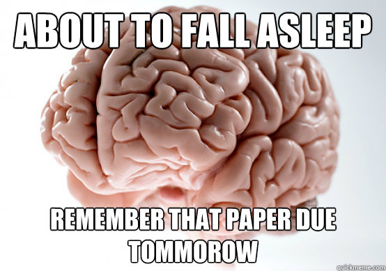 About to fall asleep remember that paper due tommorow  Scumbag Brain I almost puked