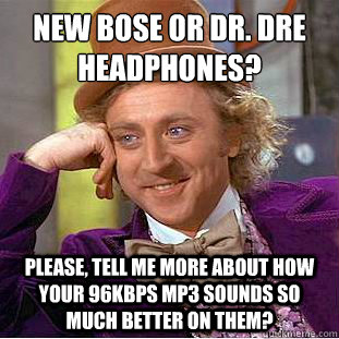 New Bose or Dr. Dre Headphones?
 Please, tell me more about how your 96kbps MP3 sounds so much better on them?  Condescending Wonka