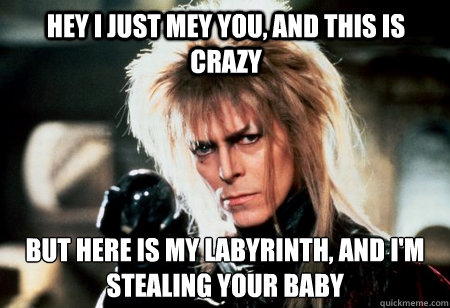 Hey i just mey you, and this is crazy but here is my labyrinth, and i'm 
stealing your baby  Jareth the Goblin King
