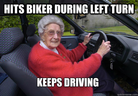 Hits biker during left turn Keeps driving  Bad Driver Barbara