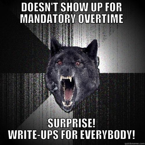 DOESN'T SHOW UP FOR MANDATORY OVERTIME SURPRISE! WRITE-UPS FOR EVERYBODY! Insanity Wolf