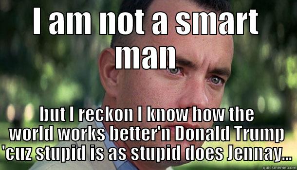 I am not a smart man - I AM NOT A SMART MAN BUT I RECKON I KNOW HOW THE WORLD WORKS BETTER'N DONALD TRUMP 'CUZ STUPID IS AS STUPID DOES JENNAY... Offensive Forrest Gump